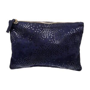 Clare V Flat Suede Leather Clutch Blue Black Star Print